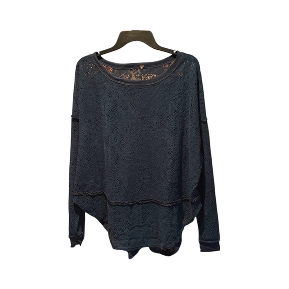 Free People Not Cold in This Floral Brushed Lace Knit High Low Top Teal - Picture 1 of 5